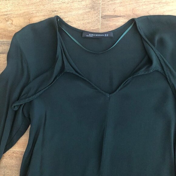 zara Dark Green Keyhole Tie Neck Long Sleeve Blouse - Picture 6 of 9